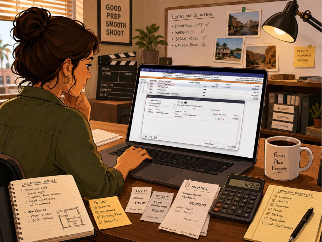 Producer tracking location expenses against a film budget account using an accounting-style budgeting module.