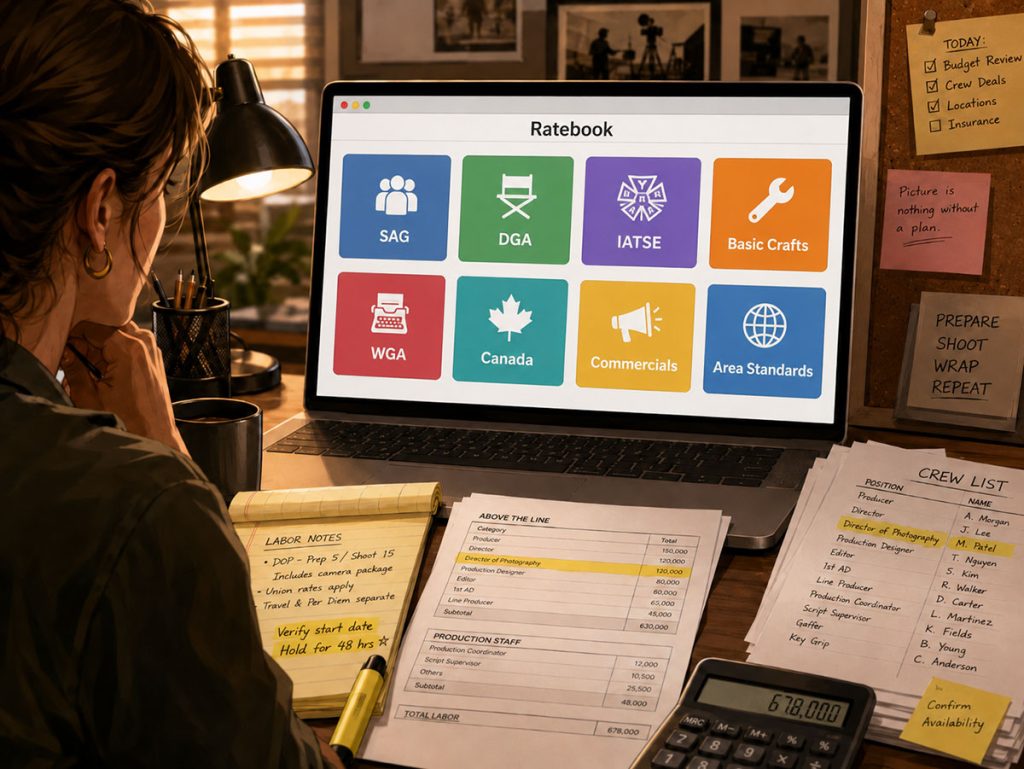 Producer selecting labor rates from a film budgeting ratebook for a Director of Photography line item.