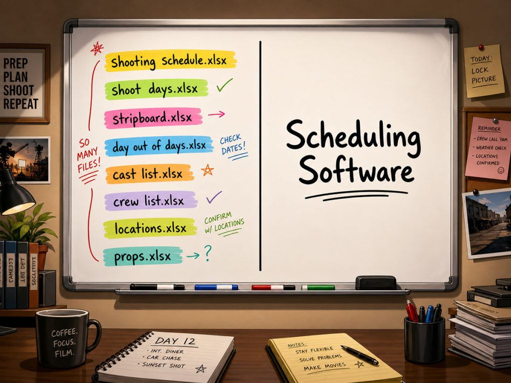 Scene Timing comparison showing a basic spreadsheet time column versus a detailed film scheduling panel with prep, lighting, rehearsal, blocking, camera setup, and shooting time.