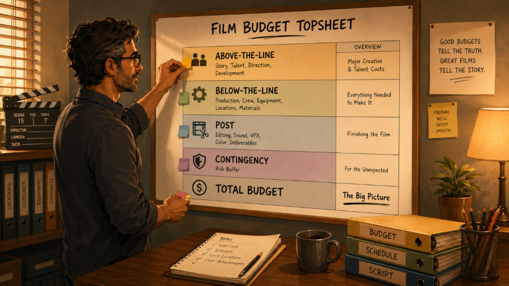 Producer reviewing a film budget topsheet with major cost sections and total budget overview.