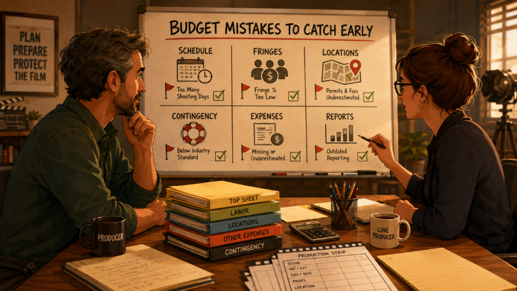 Producer and line producer reviewing common film budgeting mistakes in a warm production office.