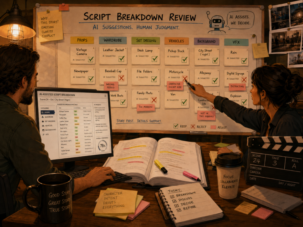 Producer and assistant director reviewing AI-suggested script breakdown tags with accept and reject decisions.