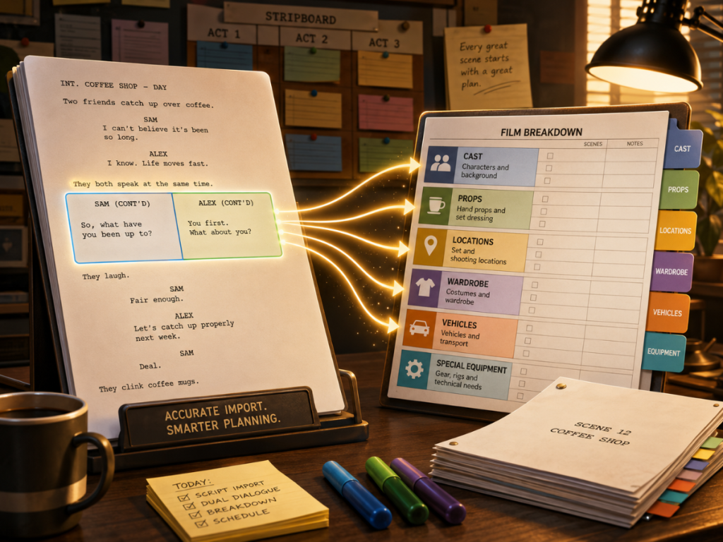 Dual dialogue from a screenplay flowing into an organized color-coded film breakdown sheet.