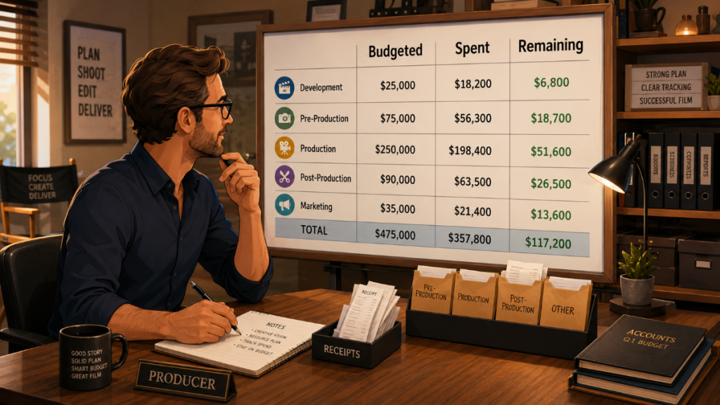 Producer reviewing a budget balance report comparing budgeted amount, expenses, and remaining balance.