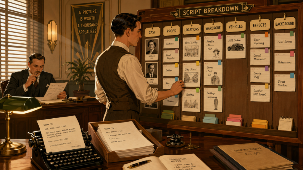 Assistant director arranging paper production strips on a stripboard in a 1920s Hollywood studio office.