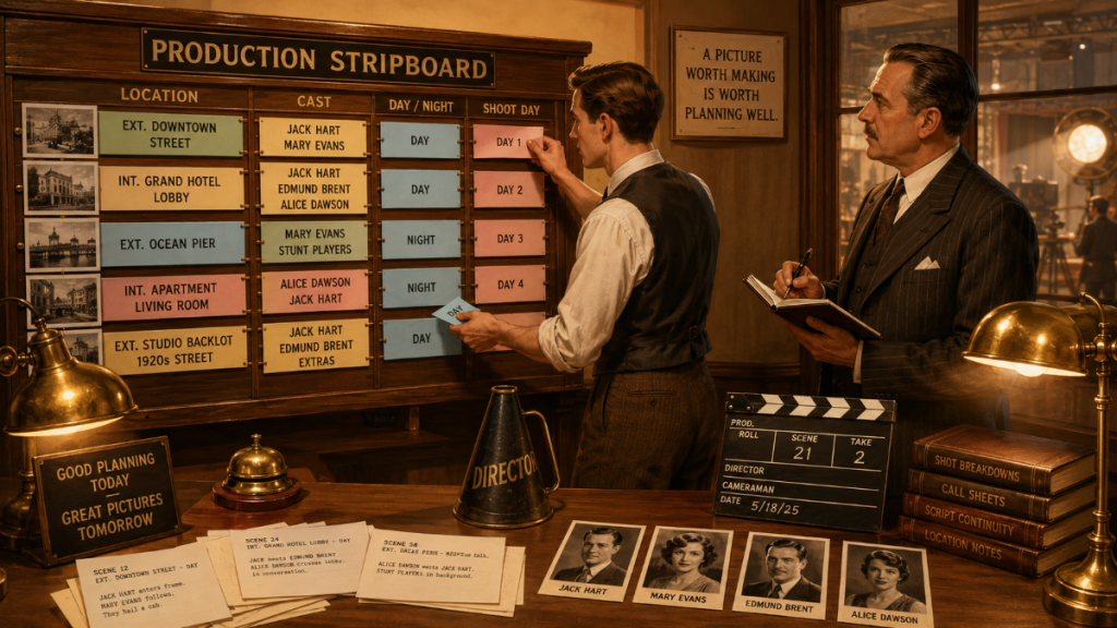Cast headshots, location photos, and a production calendar connected in a 1920s Hollywood scheduling workflow.