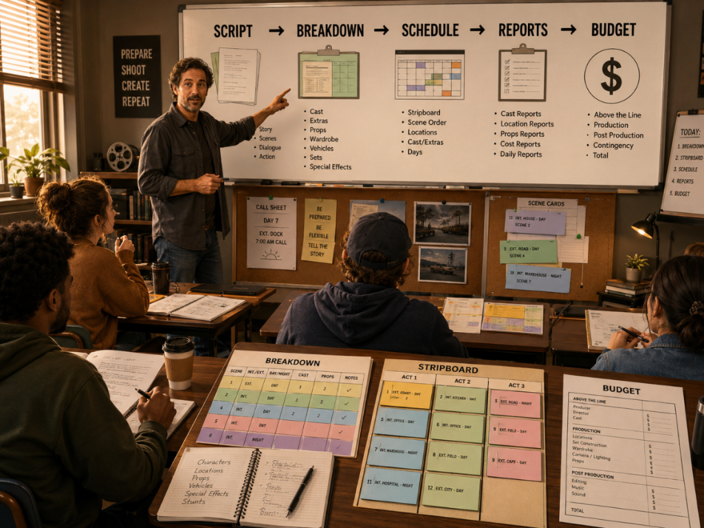 Film students learning how a screenplay becomes a breakdown sheet, schedule, reports, and budget.