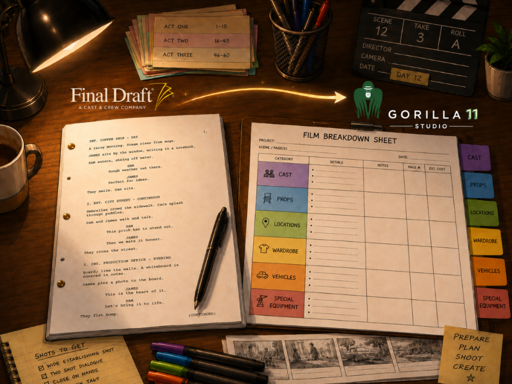 A screenplay being transformed into a film breakdown sheet with production categories and scheduling tools on a desk.