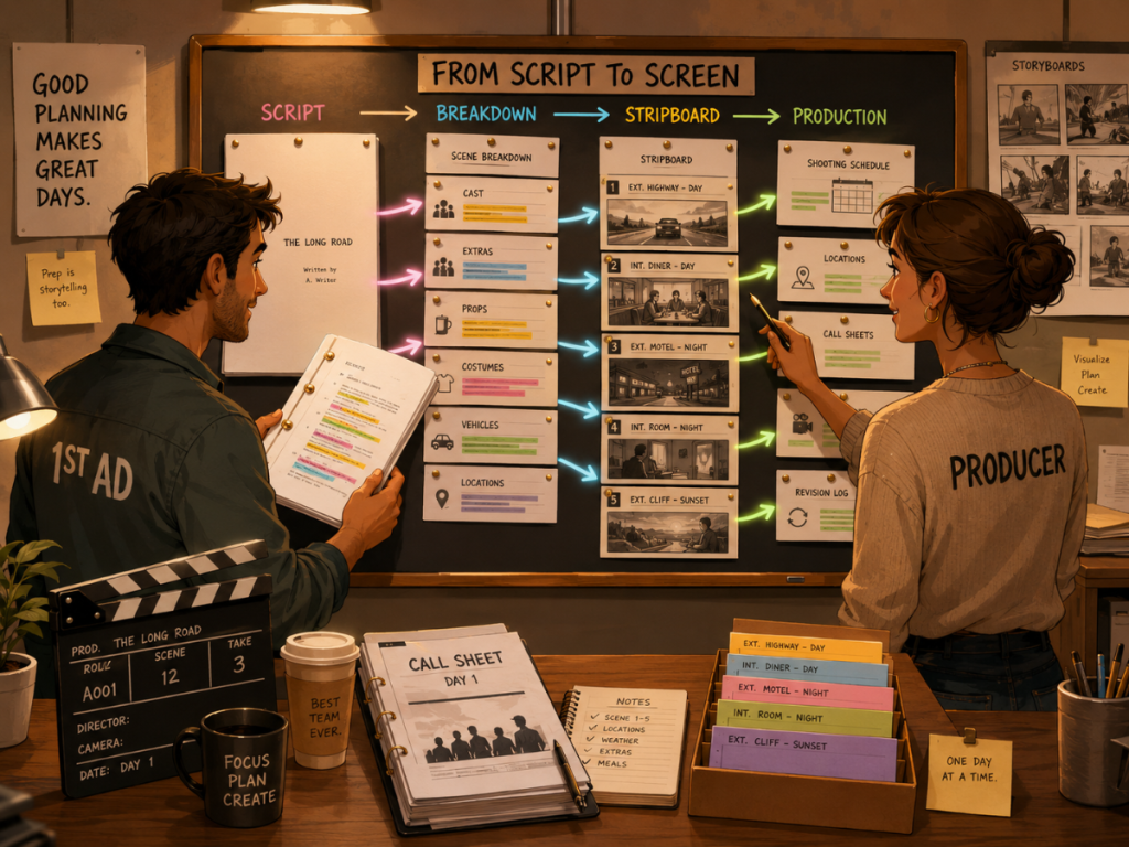 A producer and assistant director reviewing screenplay elements as they become breakdown sheets and production strips.