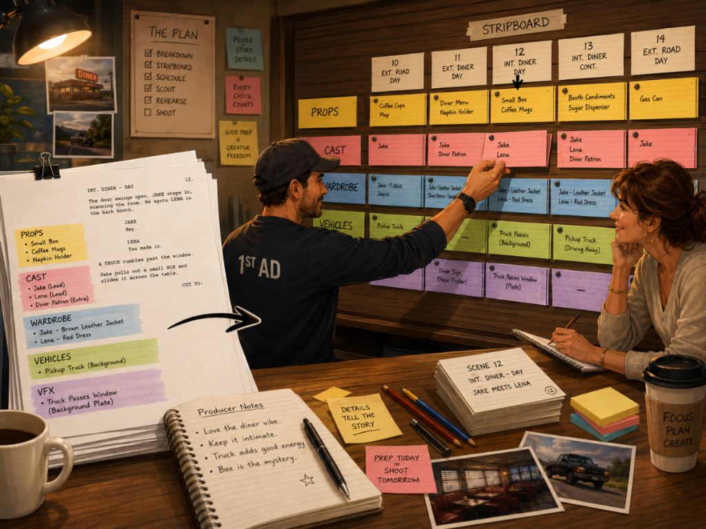 Script breakdown elements flowing into production strips and a stripboard during film scheduling.