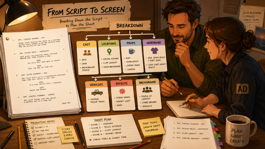 From script to breakdown. A producer and assistant director work on a script breakdown for a film.