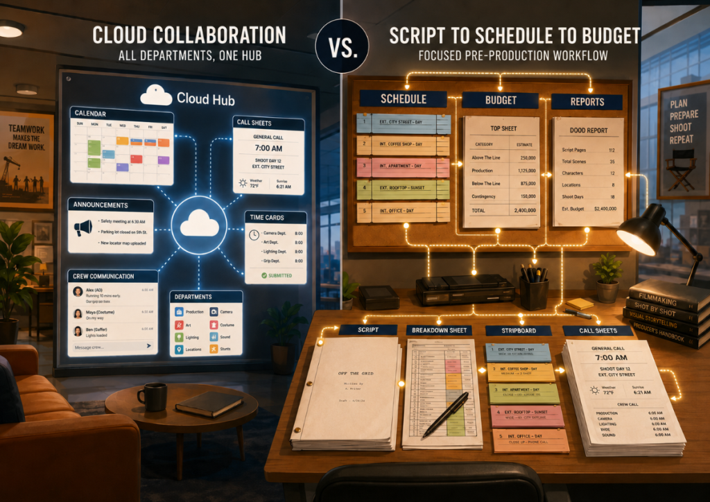 Cloud collaboration film scheduling workflow vs. desktop script to breakdown to budget workflow