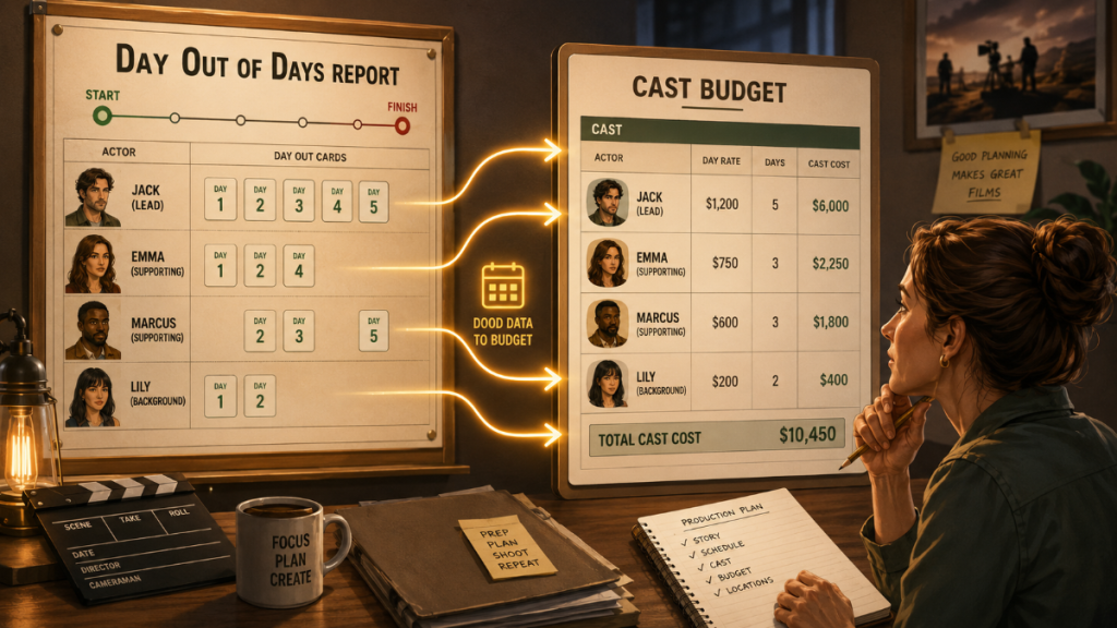 Day Out of Days report connecting actor work days to cast budget lines.
