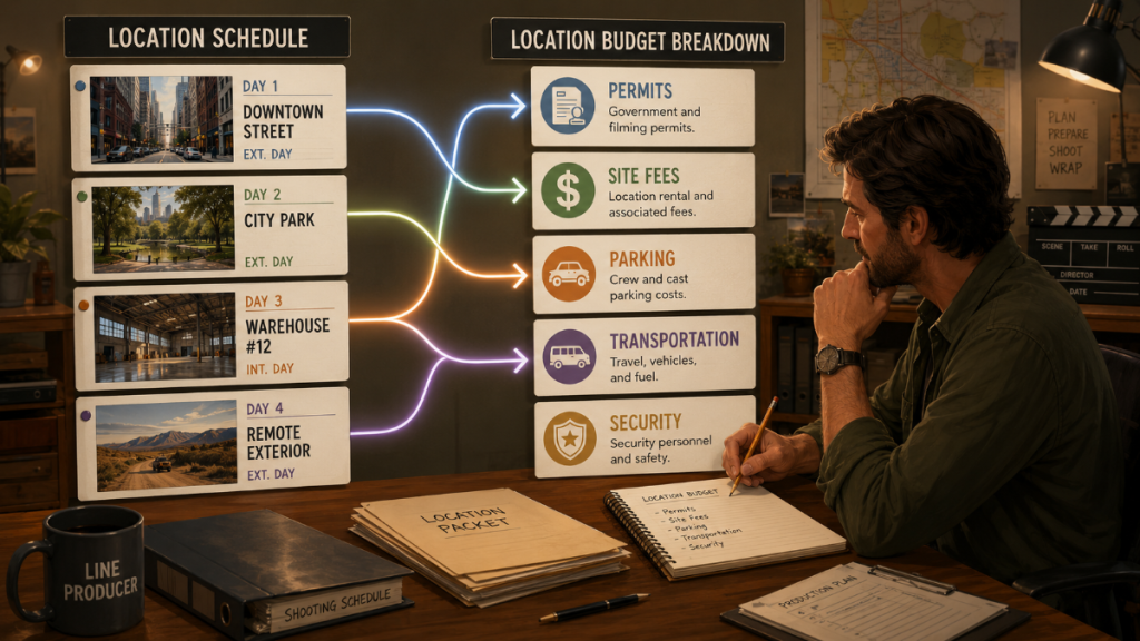 Production strips translating into department budget cards for a film production.