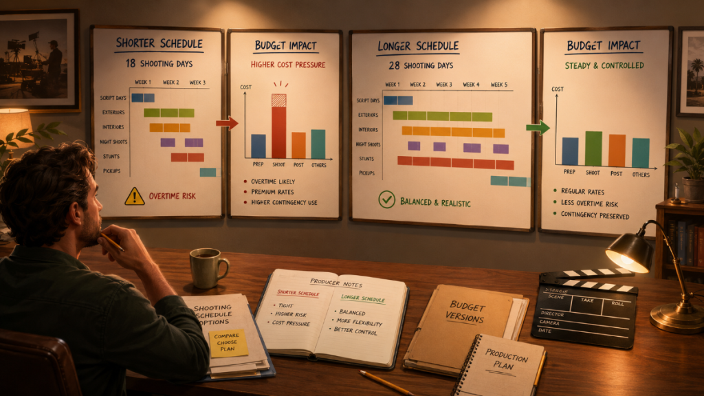 Producer comparing shooting schedule versions and their impact on film budget versions.