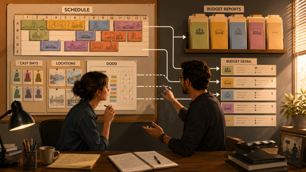 Film schedule data connecting to budget reports for cast days, locations, and production costs.