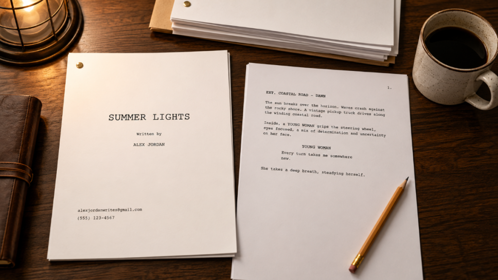 Properly formatted screenplay pages connecting to script breakdown, scheduling, and budgeting workflow.