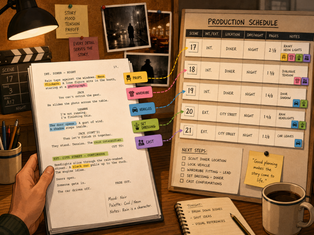 Tagged screenplay elements flowing from script pages into a film scheduling workflow.