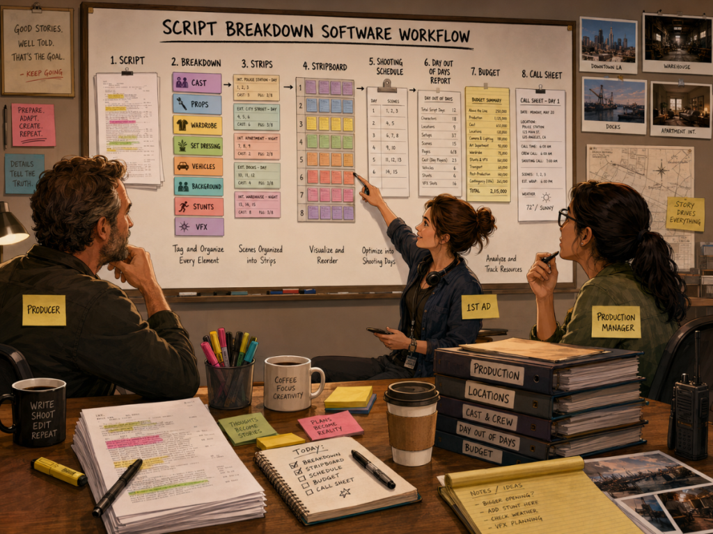 Film production team reviewing a script breakdown software workflow from screenplay tags to schedule, budget, reports, and call sheet.