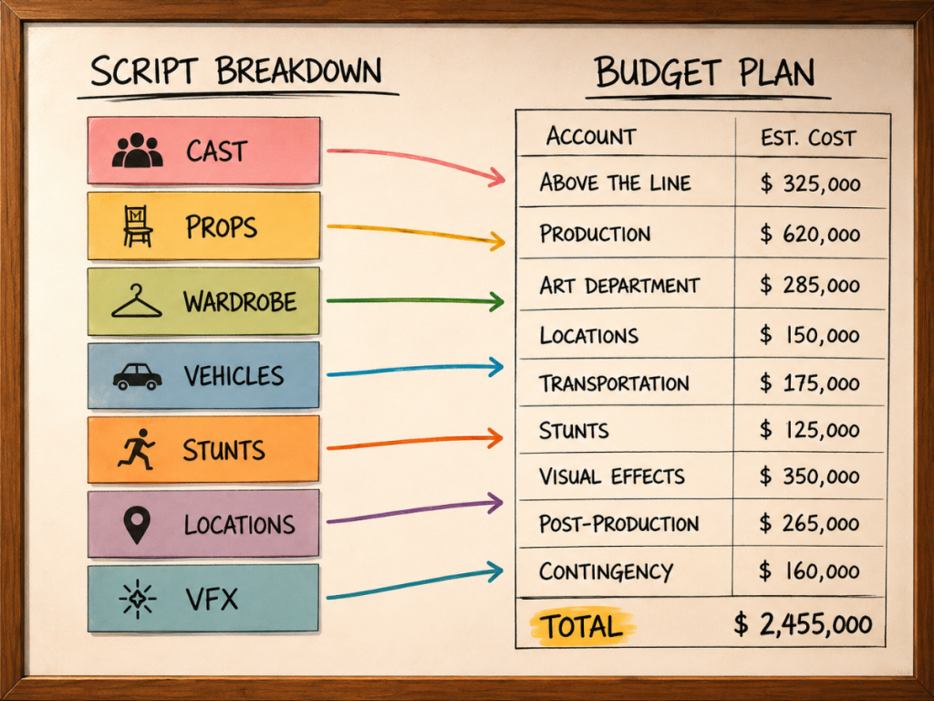 Script breakdown categories flowing into a film budget plan with cast, props, wardrobe, vehicles, stunts, locations, and VFX.