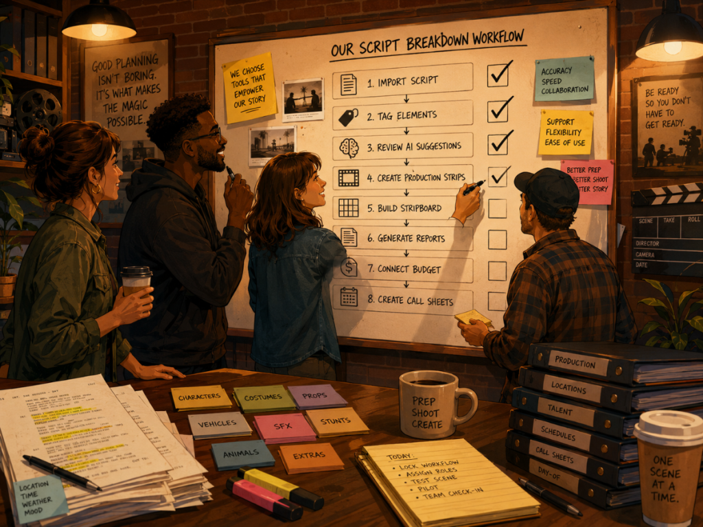 Film production team choosing script breakdown software based on script import, tagging, AI review, scheduling, reporting, budgeting, and call sheet workflow.