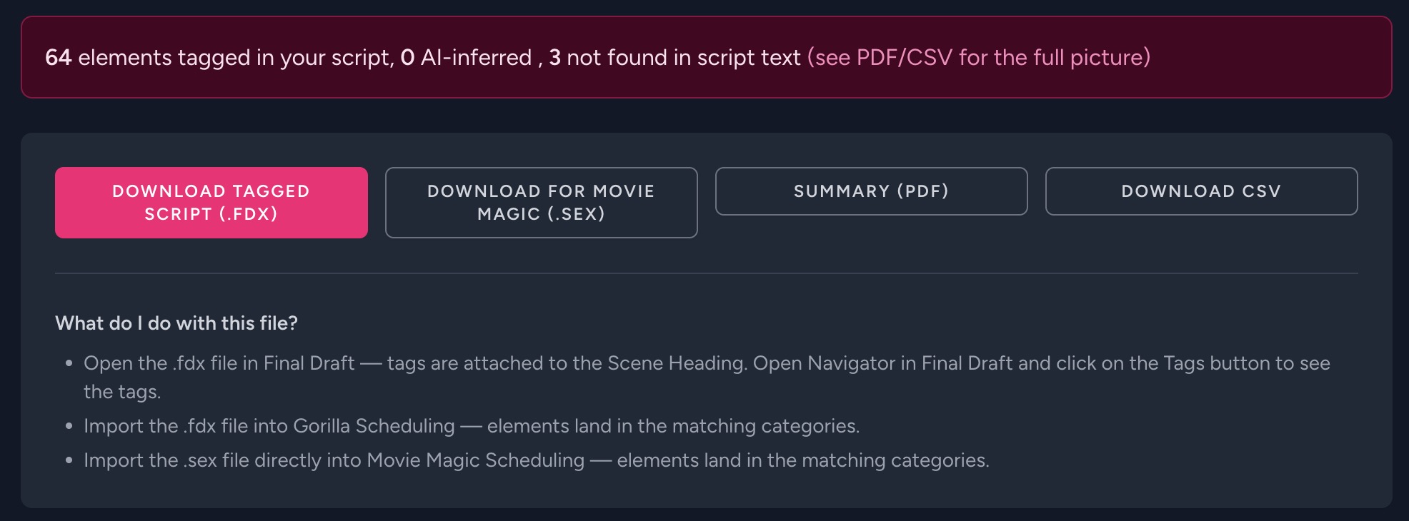 Download options for the tagged script: Final Draft .fdx, Movie Magic .sex, PDF summary, and CSV