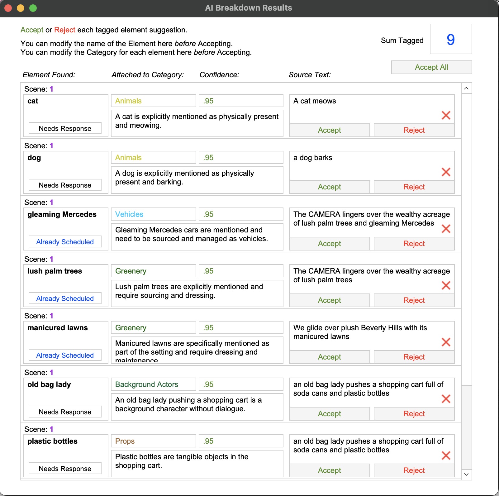 Accept or Reject screen in Gorilla's Breakdown Assistant AI showing suggested elements with confidence scores and source text