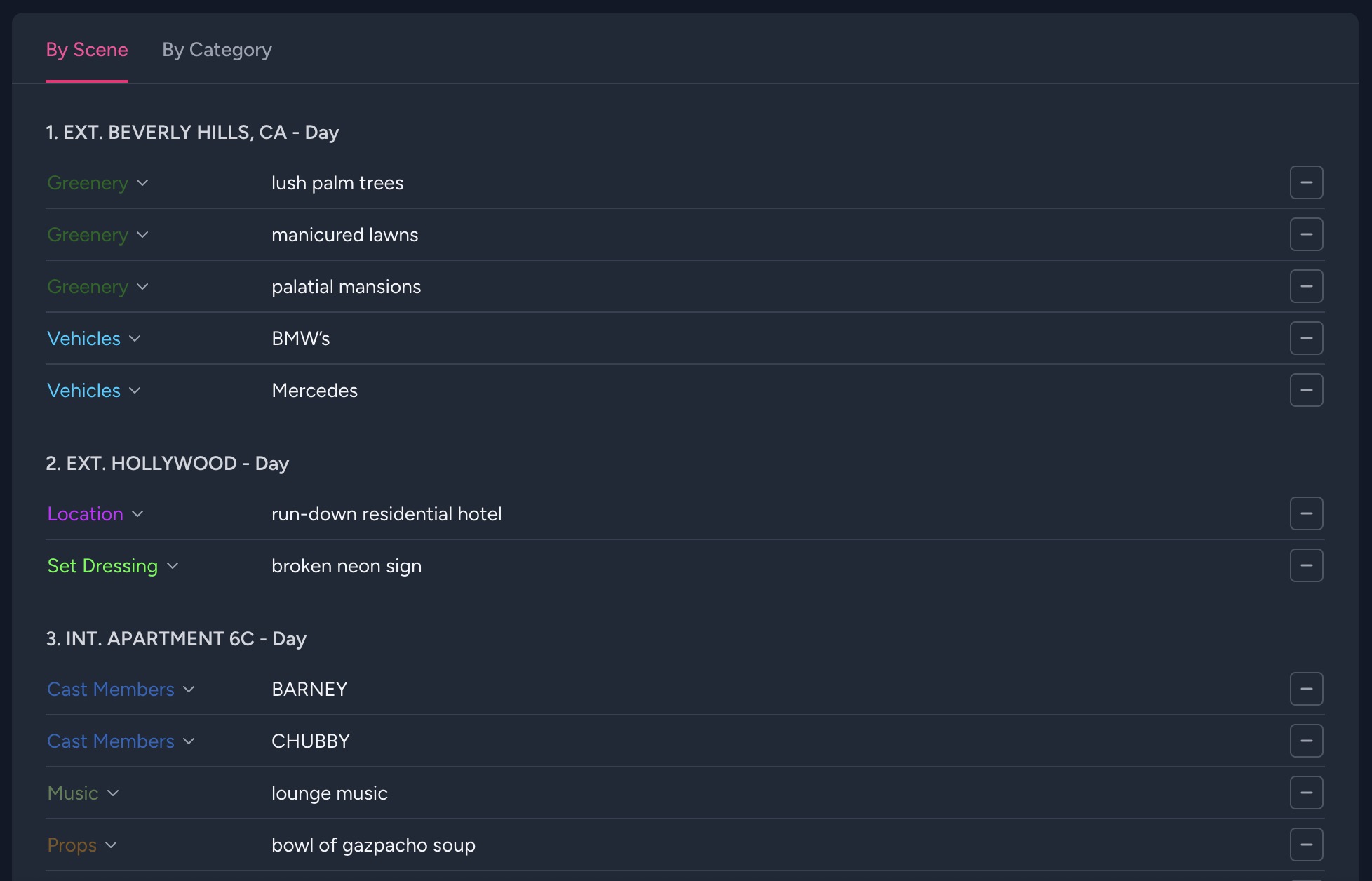 AI breakdown results organized by scene with color-coded, editable element categories
