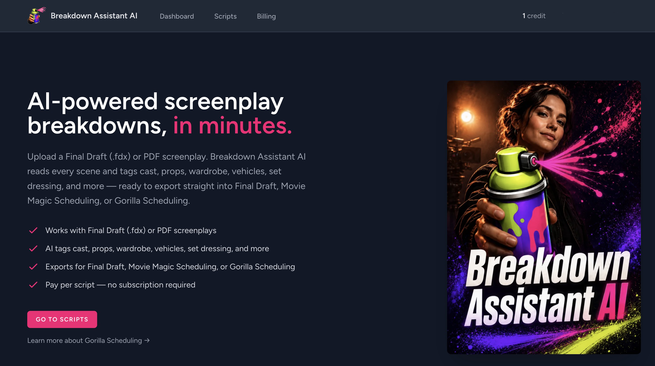 Breakdown Assistant AI Web home screen where you upload a Final Draft or PDF screenplay