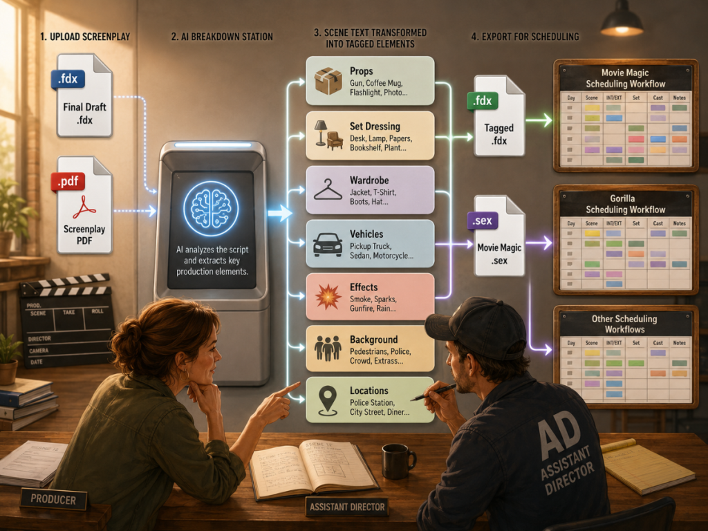 AI script breakdown workflow exporting tagged FDX and SEX files for Movie Magic Scheduling and other film scheduling software.