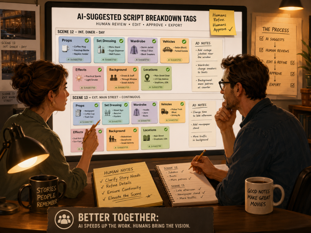 Producer and assistant director reviewing AI-suggested script breakdown tags before export.