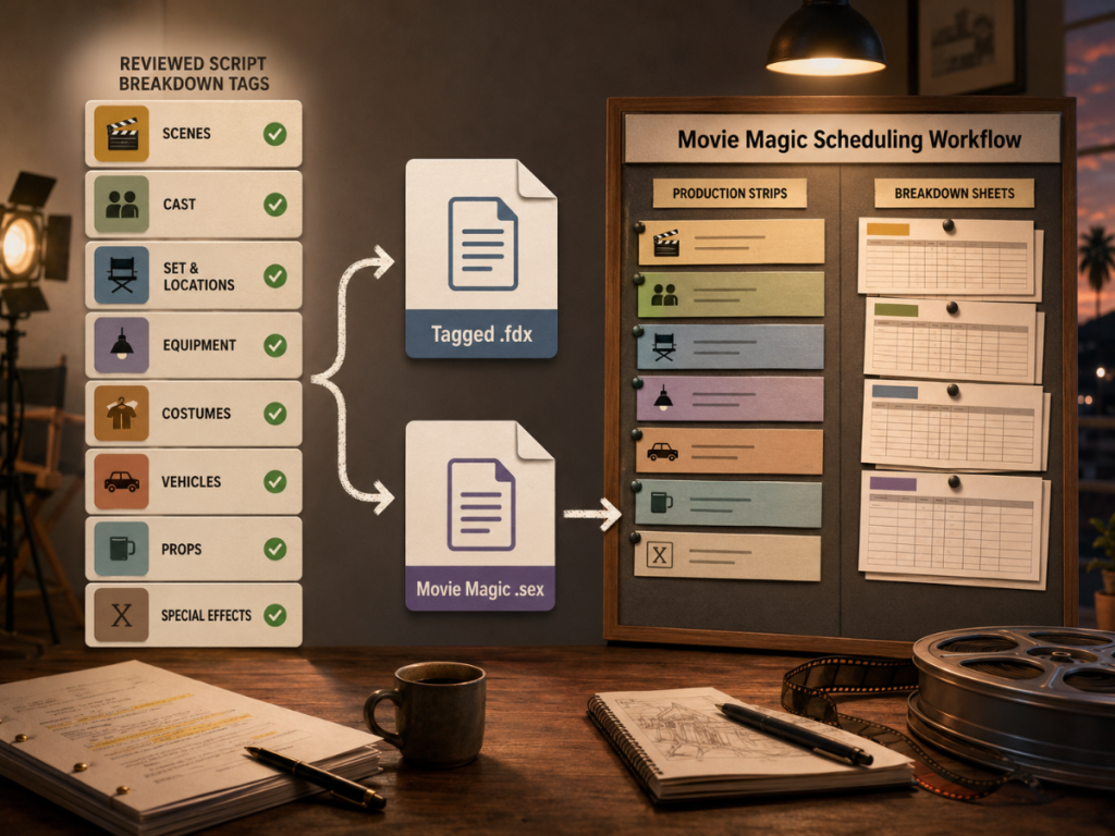 Tagged SEX file exporting from AI script breakdown into a Movie Magic Scheduling workflow.