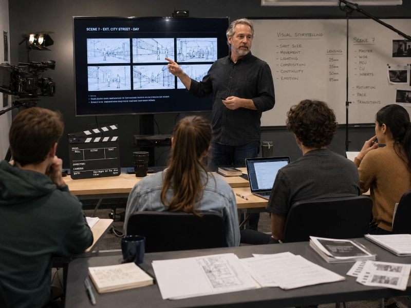 Film professor teaching students film production