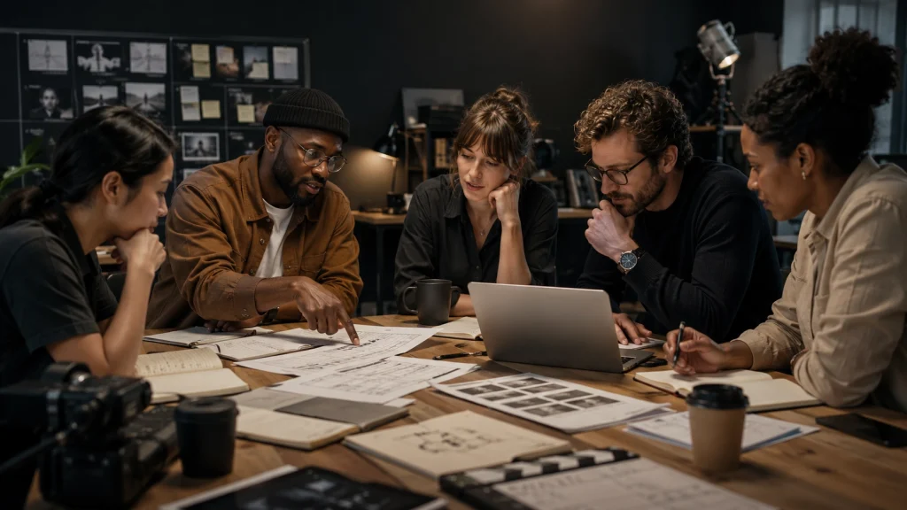 Filmmakers creating a film schedule