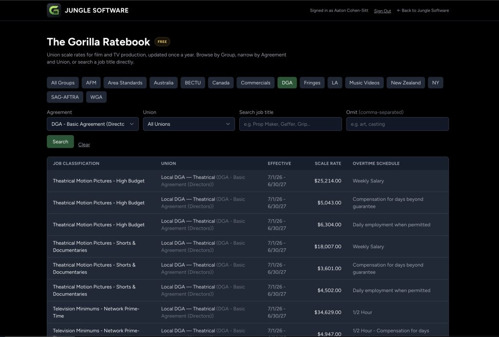 Gorilla Ratebook for film unions and rates