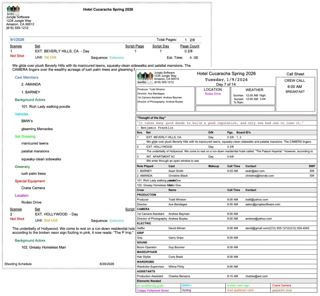 Shooting Schedule report for film production