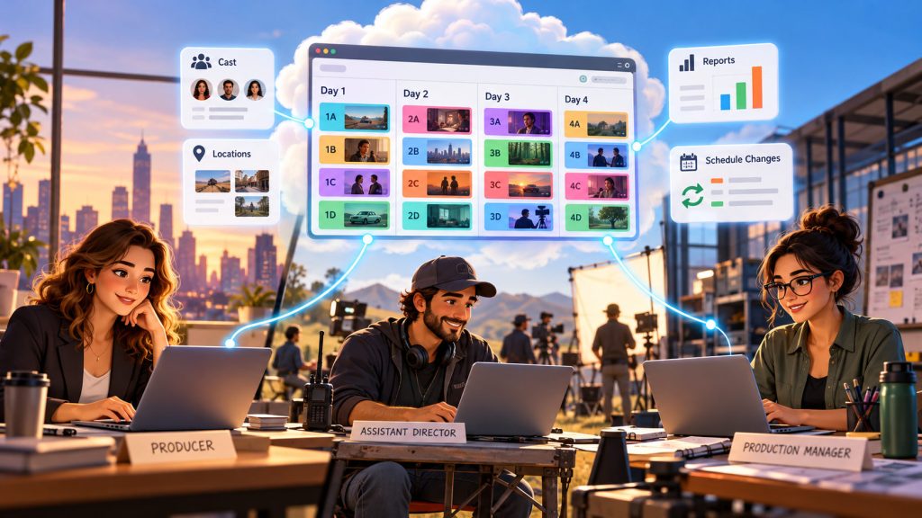 Film production team using online film scheduling software to manage a cloud-based stripboard.