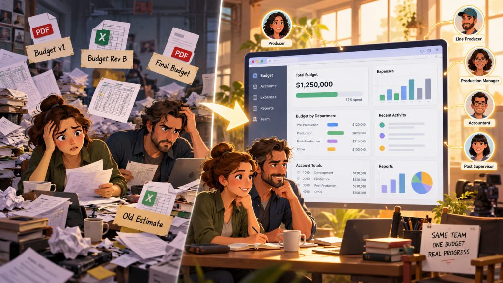 Online film budgeting software replacing confusing budget file versions with one centralized budget.
