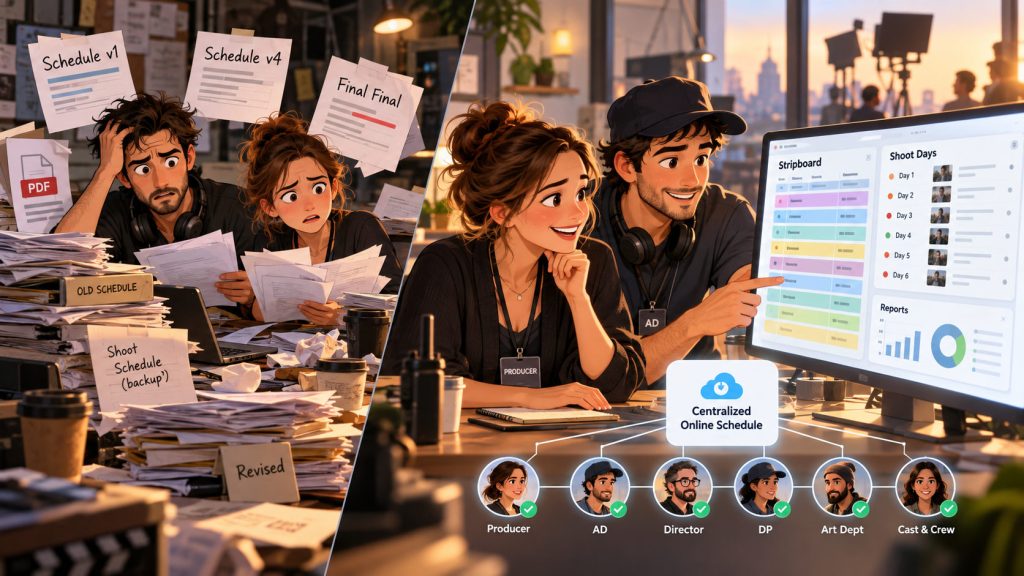 Online film scheduling software replacing confusing schedule file versions with one centralized project.