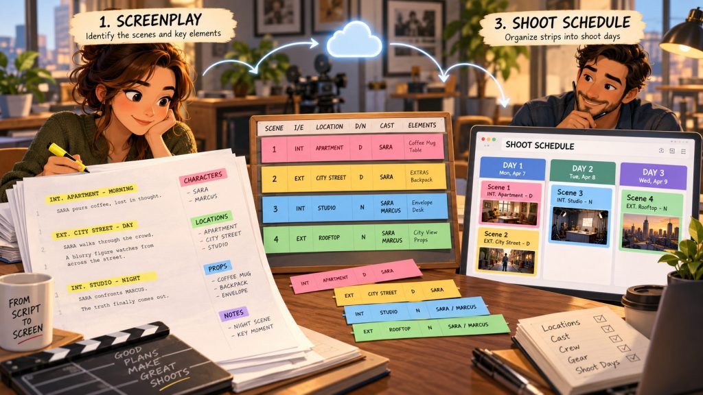 Screenplay scenes turning into production strips and an online film scheduling stripboard.