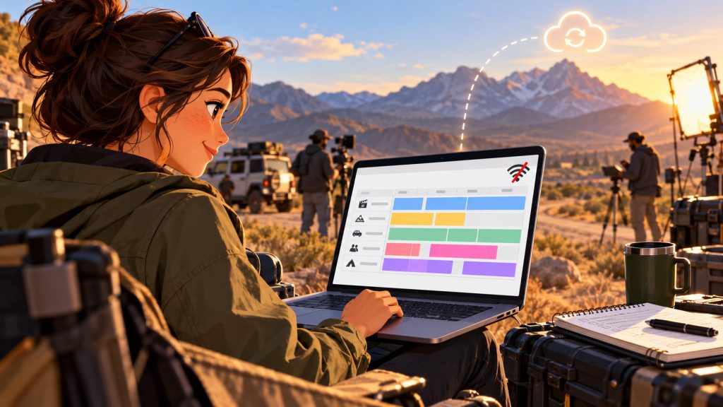 Assistant director using online film scheduling software offline and syncing changes later.
